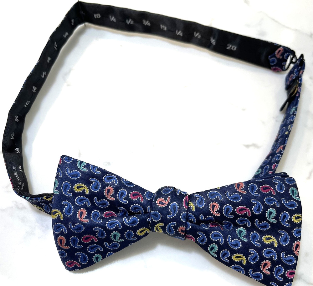 Mens Blue Bow Tie One Size 100% Polyester Hand Made Pre-Tied Adjustable Paisley